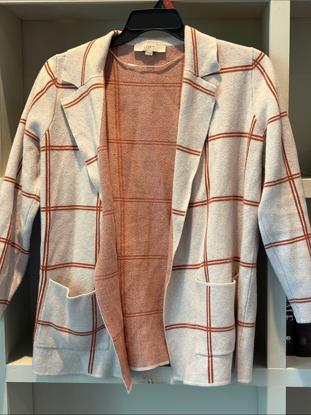 LOFT Ivory and Rust Windowpane Open-Front Blazer